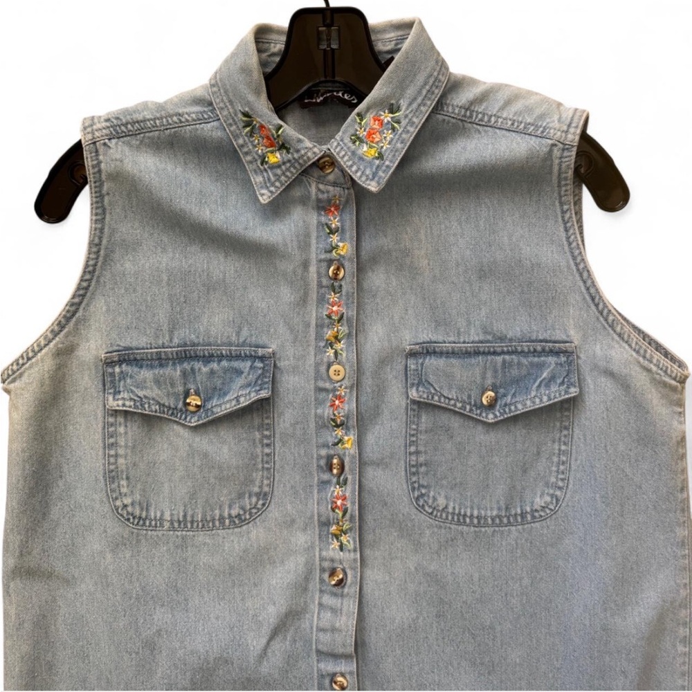 Whistles Light Blue Denim Embroidered Collar Tank